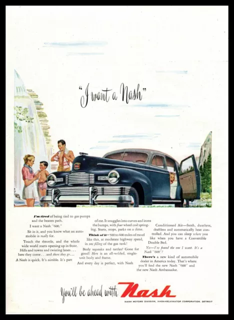 1947 Nash 600 "I Want A Nash" Family Vacation Nash-Kelvinator Detroit Print Ad