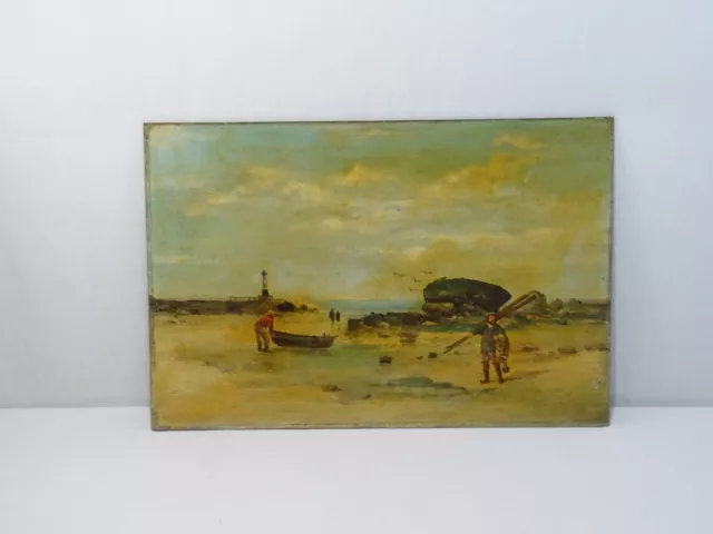 Ancien Tableau Marine Bord De Mer Pecheurs Barque Peinture Sur Bois Oil On Wood