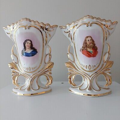 Pair old paris vieux paris antique porcelain jesus madonna portrait Vases