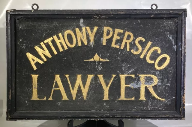 Antique Double Sided Tin Tacker Hanging Trade Sign Black & Gold Attorney Lawyer
