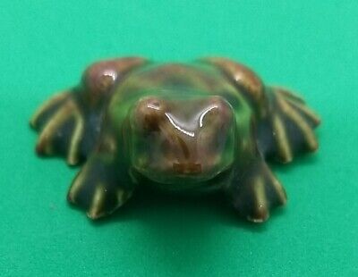 Cute Miniature Ceramic Frog Figurine, Green & Brown Glaze, 1" Long