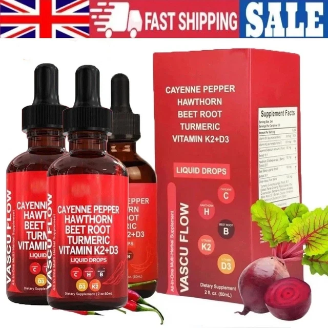 VASCU FLOW CAYENNE Pepper Liquid Drops Hawthorn Beef Root Turmric ...