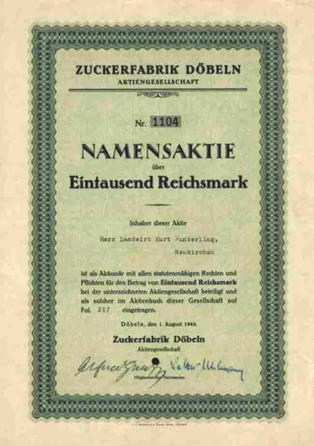 Zuckerfabrik Döbeln 1944 VEB Sachsen 1000 RM Meinhold Wunderling Kurt Neukirchen