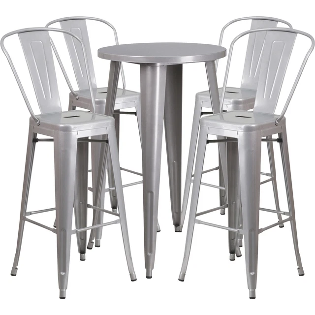 5-Pc Silver Metal Bar Table Set 24inx41in Round Table w/4 Bistro-Style Barstools