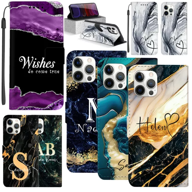 Personalised Stand Wallet Leather For iPhone 15 Pro 14 13 12 8 Case Cover Marble