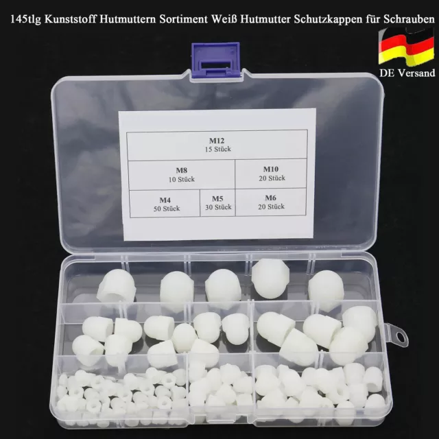 145tlg Kunststoff Hutmuttern Sortiment Weiß Hutmutter Schutzkappen für Schrauben