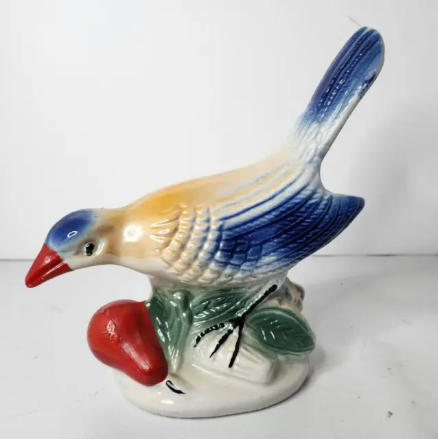 Vintage Blue Bird With Fruit Figurine Porcelain Iridescent Lusterware Brazil