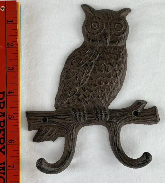 Cast Iron Brown Owl Double Hook Wall Mounted Coat Robe Clothing Hat Bag Hanger