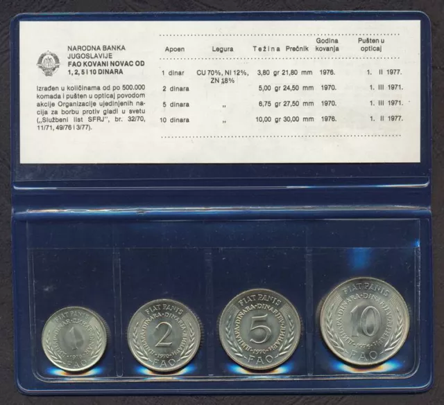 YUGOSLAVIA FULL FAO COIN SET 1+2+5+10 Dinara 1970-1976 61 55 56 63 UNC IN FOLDER