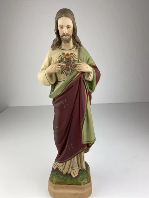 Alte Heiligenfigur Herz Jesus Christus Gips bemalt Skulptur Statue um 1900