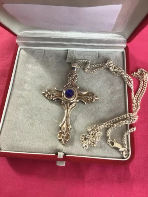 Stunning! Solid Hallmarked Silver Blue Gemstone Crucifix & 24” Silver Chain