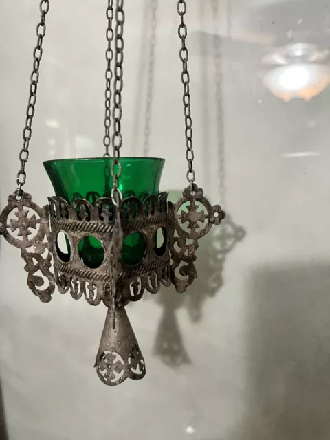 Antique Latvian Hanging Metal & Green Glass Orthodox Votive 2