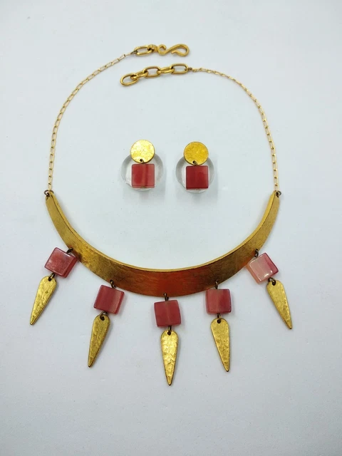Ancien Collier Et Boucles D'oreilles Bakélite – Métal Doré, Vintage, Sans Marque