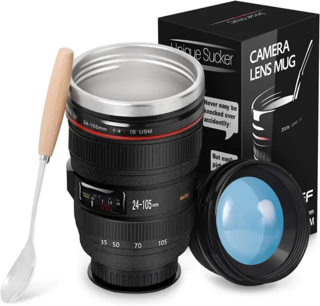Splend Camera Lens Coffee Cup & Travel Mug, Double Wall Insulation Black