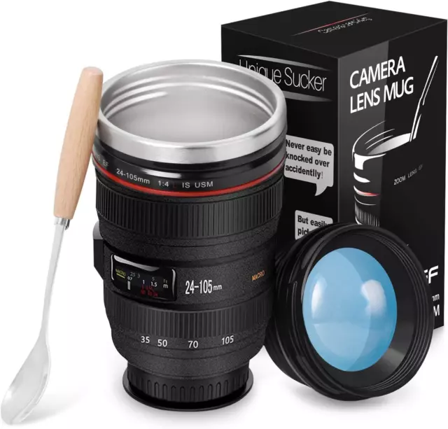 Splend Camera Lens Coffee Cup & Travel Mug, Double Wall Insulation Black