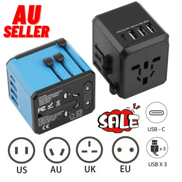 World Wide Travel Adapter Multi Plug Universal Charger UK EU AU US USB Port QT