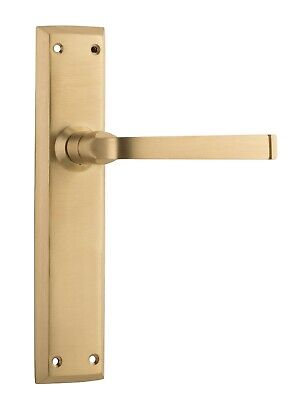 pair of satin brass menton lever door handles and backplates,225 x 50 mm