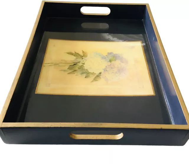 Timber Serving Tray Large Navy & Gold French Country Hydrangea Signed Decoupage