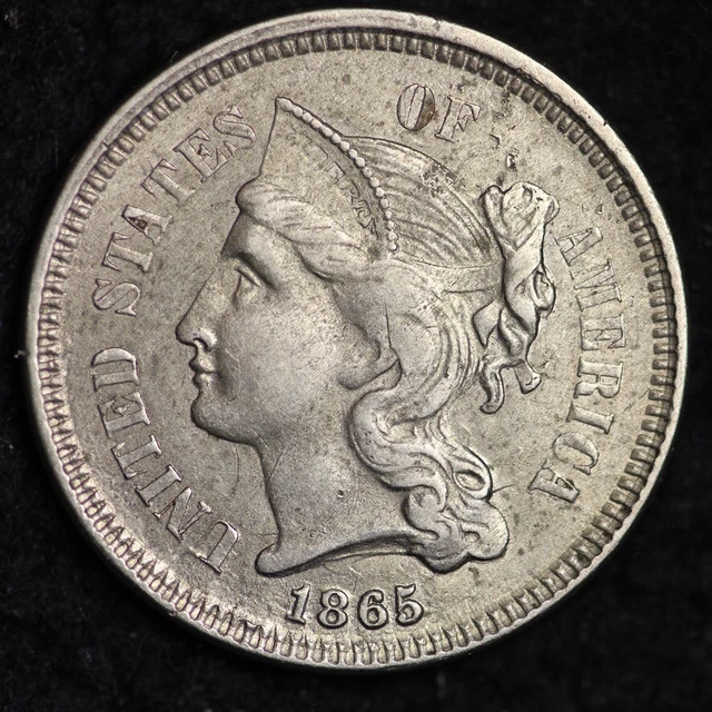 1865 Three Cent Nickel Piece CHOICE AU FREE SHIPPING E220 WHT