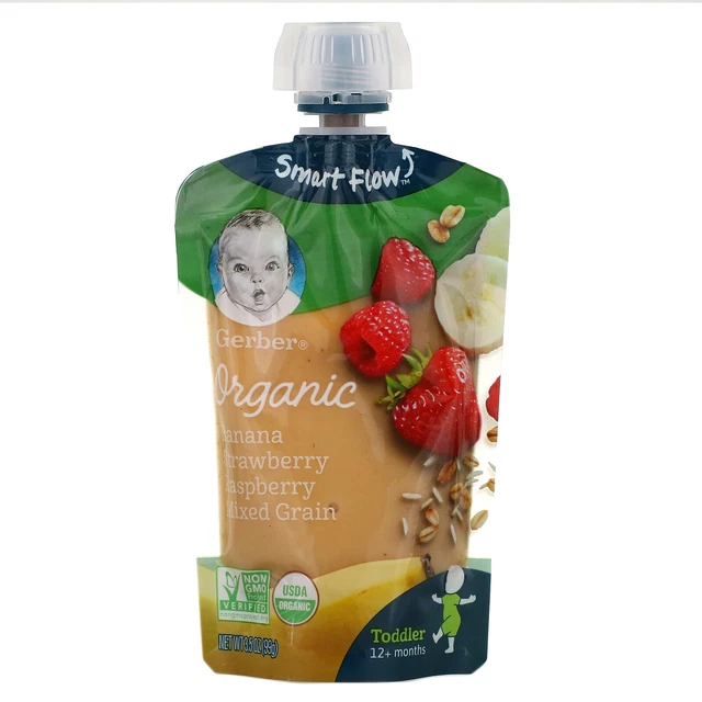 Gerber, Smart Flow, Organic, Banana, Strawberry, Raspberry, Mixed Grain, 12+