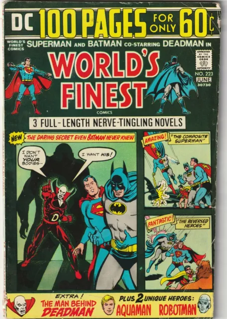 World's Finest Comics # 223 June 1974 DC Superman Batman Deadman Robotman Aquama