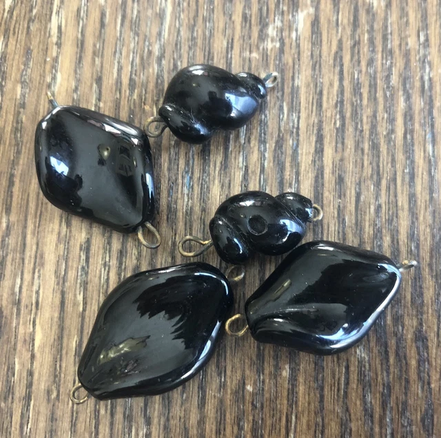 Vintage Jet Black Glass Brass Loop Curve & Spiral Connectors Drop Charm Bead Lot