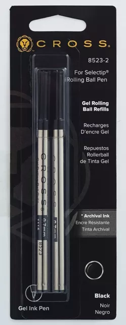 Cross Rollerball Selectip Gel Pen Refills, Black Medium, 2 Refills, #8523