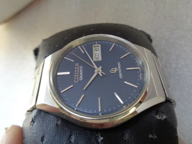 Very Rare Mens Japan Made Vintage Blue Dial Citizen Crystron Quartz Wristwatch
