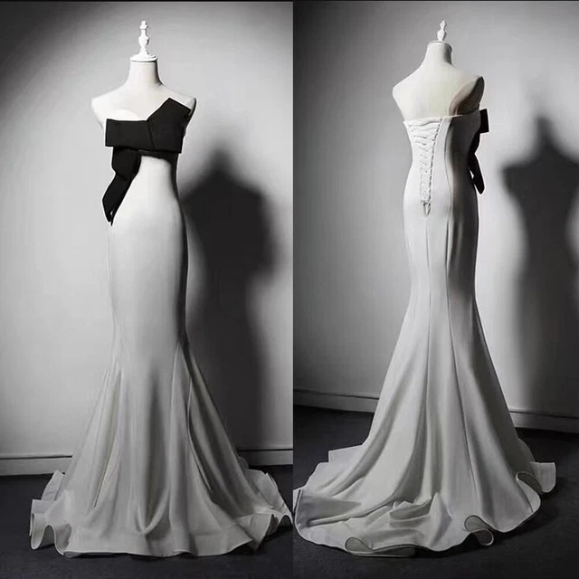 Mermaid Wedding Dresses Vintage Sleeveless Black Bow White Satin Bridal Gowns