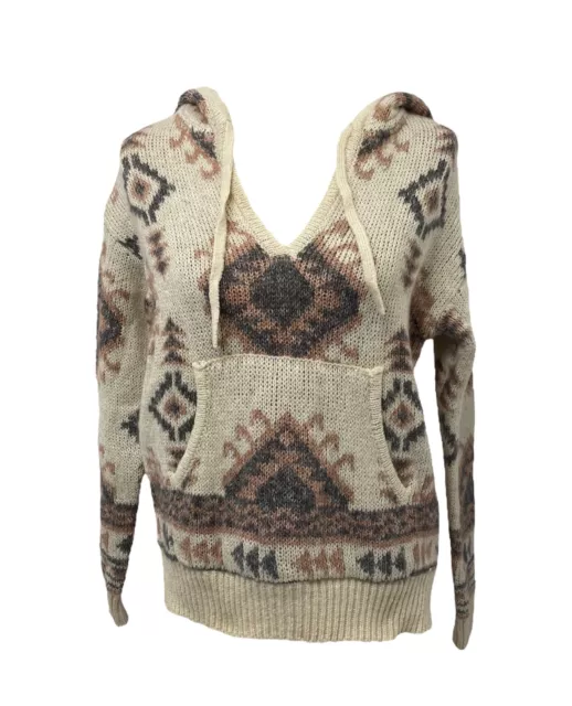 Forever 21 Women's Hoodie Beige and Brown Front Pocket V-Neck Knit Size Small