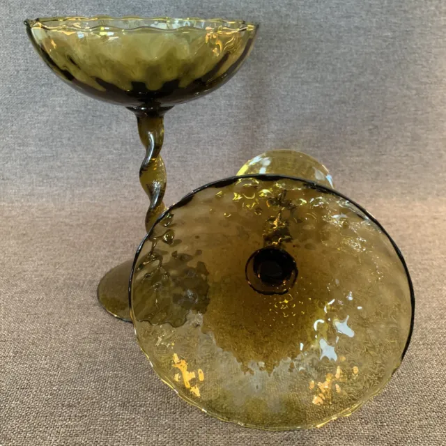 Pair Vintage Mid Century Olive Optic Glass Twisted Stem Low Bowl Italy Empoli