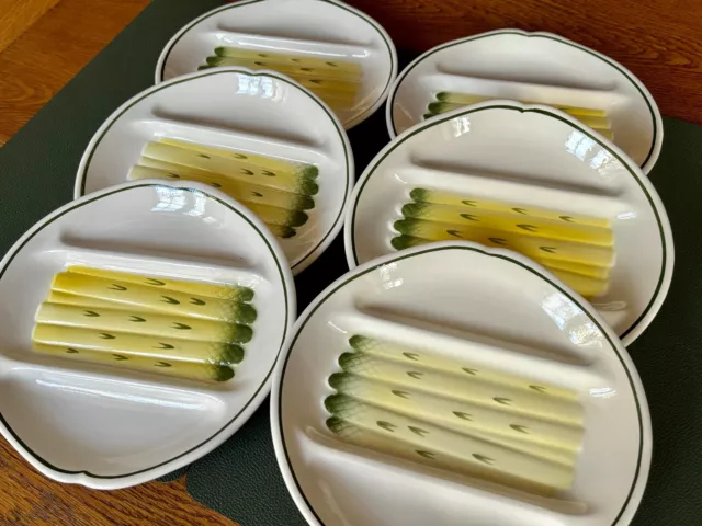 Belle série 6 ASSIETTES à ASPERGES faïence SALINS 3 compartiments joli décor No2