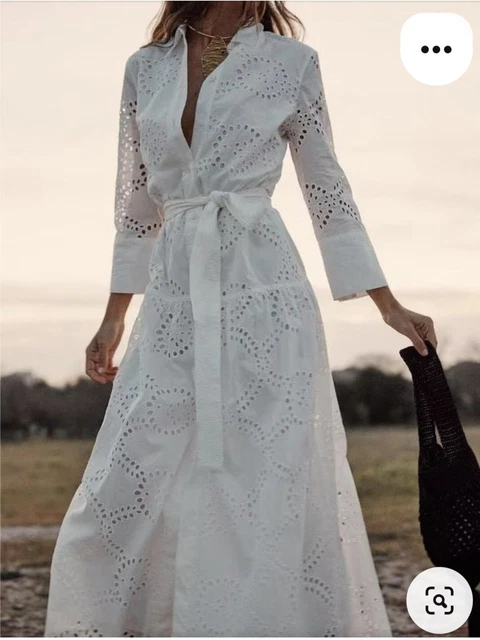 ZARA NEW WOMAN Openwork Embroidered Shirt Dress With Belt White Size L  65.00 - PicClick UK