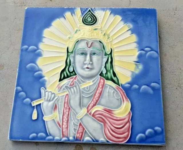 Rare Tile Lord Krishna Ceramic Porcelain Vintage Art Collectibles Old