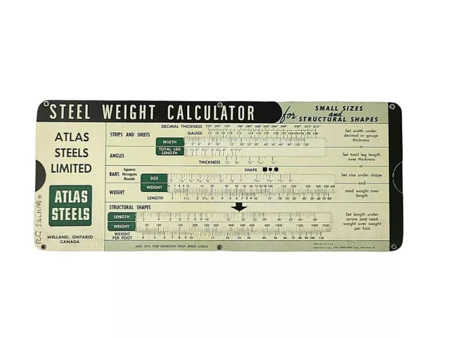 Atlas Steels Vintage 1954 Slide Rule Steel Weight Calculator Welland Ontario