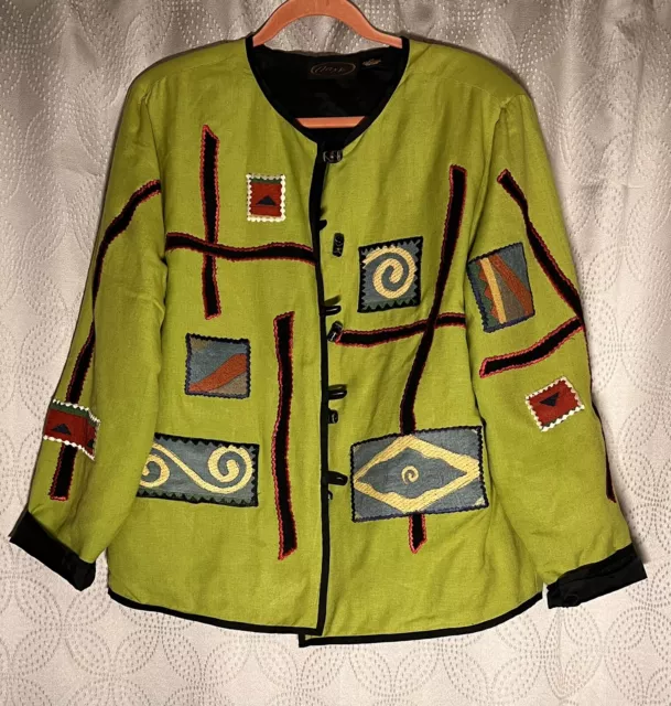 Alex Kim Kin Embroidered Jacket Size Medium Lime Green Artsy Funky Art to Wear