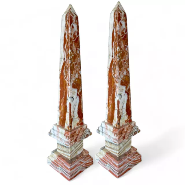 Pair Of Obelisks IN Marble Red Veined Sculpture Table Home Decor H 11 13/16in 3