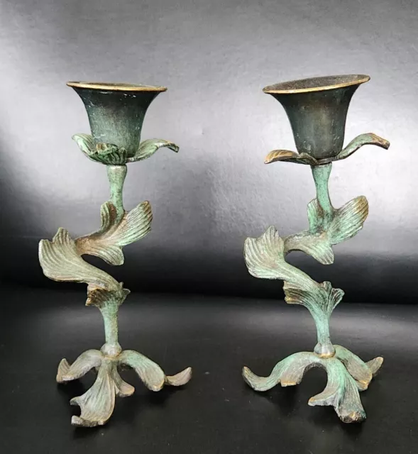 Vintage Leaf Vine Brass Patinated Pair Candlesticks Pair Israel 6.5"