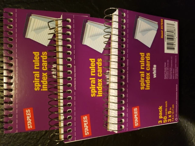 3 pack Spiral Bound 3x5 Ruled Index Cards 50 Cards = 150 cards total
