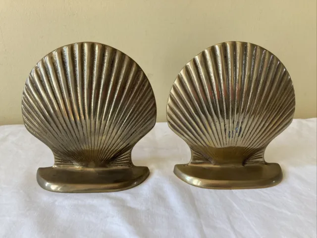 Vintage MCM Pair Of Brass Scalloped Clam Shell Bookends 5” x 5” Made In Korea
