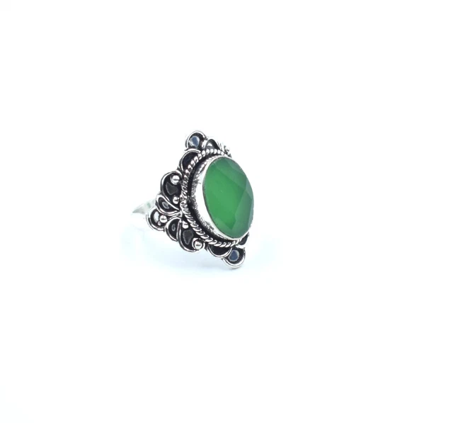 925 Sterling Silver Green Emerald Rose Cut Gemstone Jewelry Ring (US) Size-8''