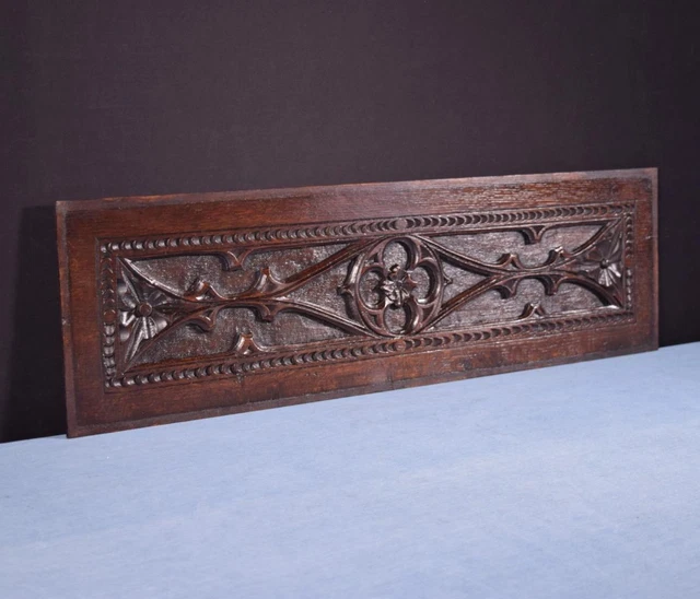 *Antique French Carved Architectural Gothic Panel in Solid Oak Wood
