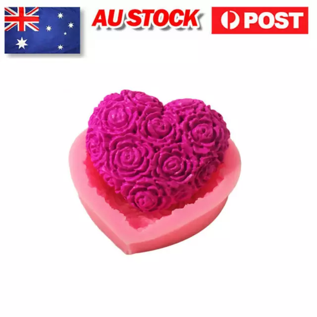 3D Lovely Silicone Soap Mold Heart Rose Flower Fondant Cake Making Mould DIY AU