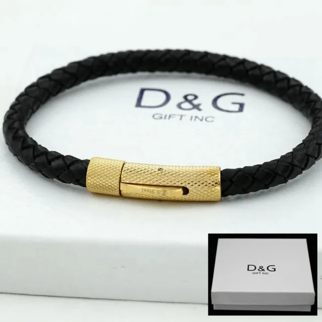 DG Men's Stainless Steel 8" Black Braided Leather Bracelet*Gold plated-BOX