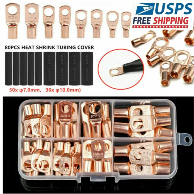 140pcs Heat Shrink Tube Copper Battery Welding Ring Lug Wire Connectors Terminal