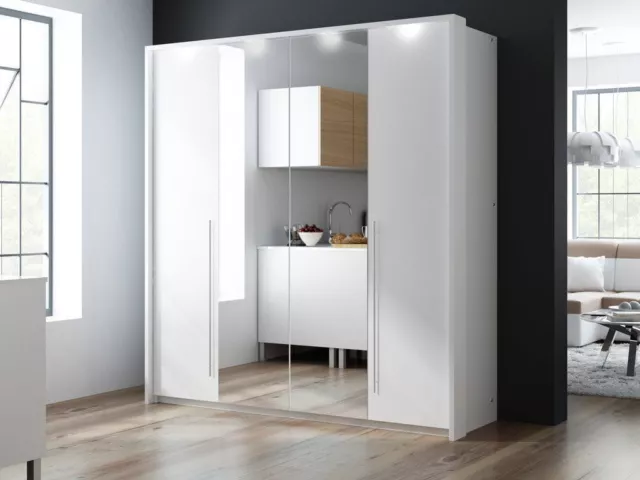 White large sliding folding 4 door mirrored wardrobe BREMA 210cm