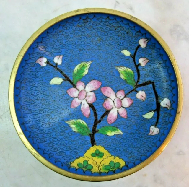 Vintage Blue  Multi Colored Cherry Blossom Enameled Cloisonné Brass Trinket Dish