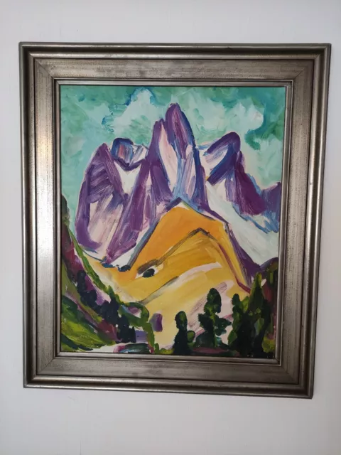 Expressionistisches Gemälde von Konrad Sommer, Abendsonne Berglandschaft, Ölbild