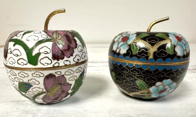 Pair of Vintage Cloisonné Enamel Small Lidded Cherry Trinket Boxes Made in China