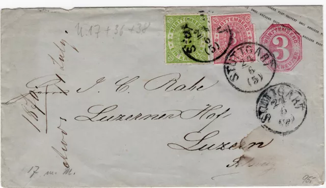 Württemberg Ganzsache 3 Kr U 17 Mischfrankatur mit Mi.Nr. 36 & 38 Stuttgart 1870
